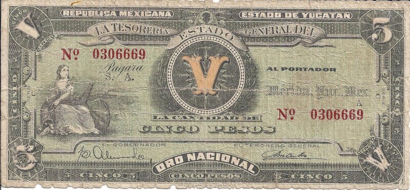 5 PESOS ORO NACIONAL TESORERIA GENERAL ESTADO DE YUCATAN (1916)