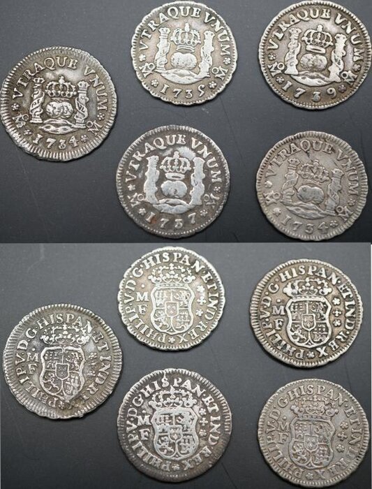 LOTE DE 5 PIEZAS DE 1/2 REAL (1734-1739)