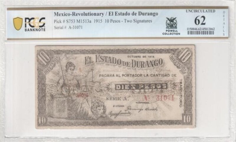 10 PESOS ESTADO DE DURANGO (1915)