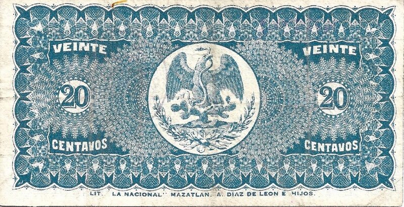 20 CENTAVOS TESORERIA GENERAL DEL ESTADO DE SINALOA (1914)