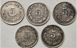 LOTE DE 5 PIEZAS DE 5 CENTAVOS (1888-1892-1893-1899-1905)