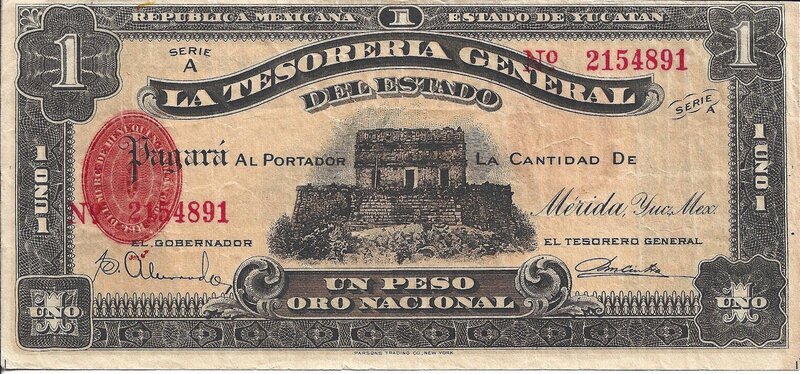 1 PESO ORO NACIONAL TESORERIA GENERAL ESTADO DE YUCATAN (1916)