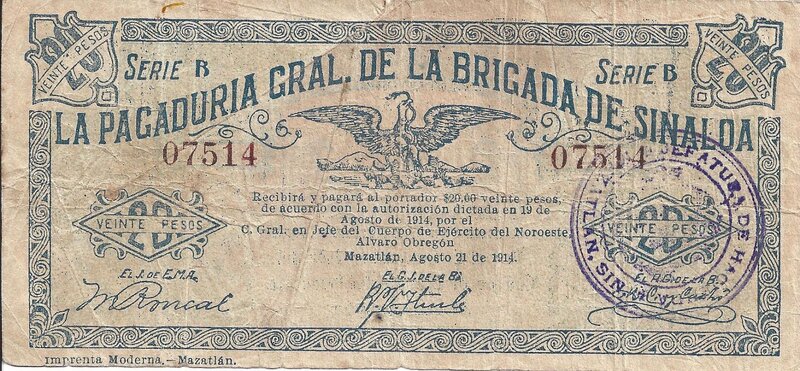 20 PESOS PAGADURIA GENERAL DE SINALOA (1914)