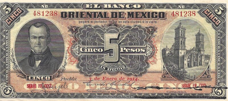 5 PESOS BANCO ORIENTAL DE MEXICO (1914)