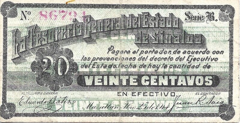20 CENTAVOS TESORERIA GENERAL DEL ESTADO DE SINALOA (1914)